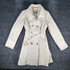 GUESS Wool Cream Gold Buttons‎ Pea Coat Women's Small With Waist Belt Formal